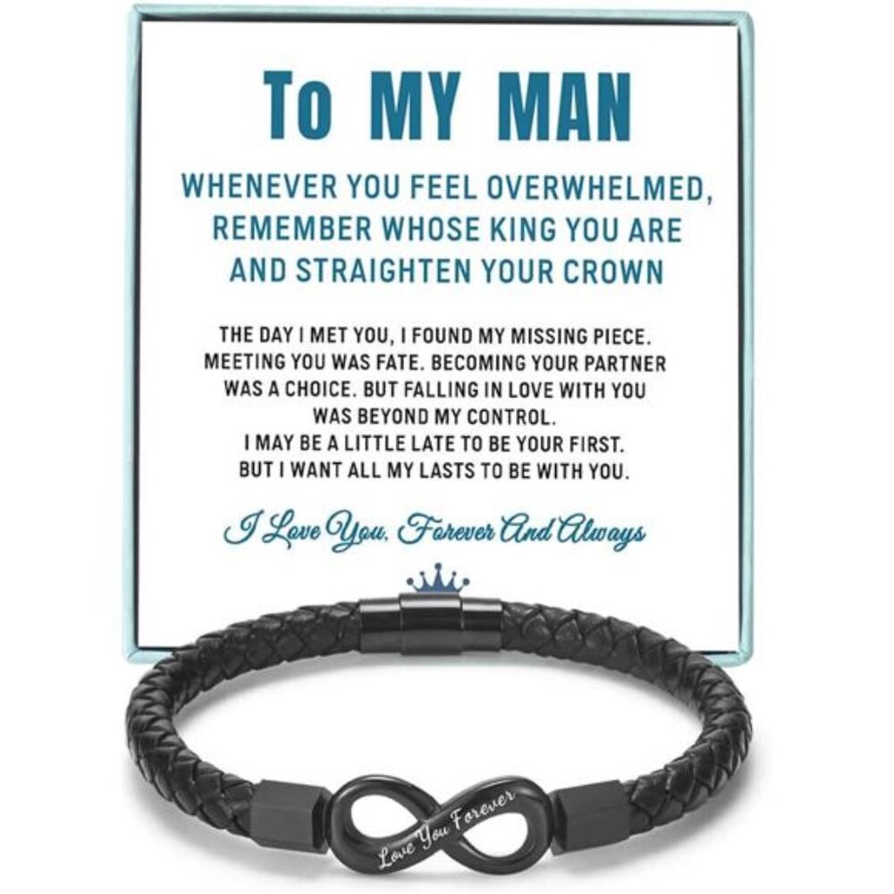 mens braided leather bracelet infinity love gift for him boyfriend husband jewel